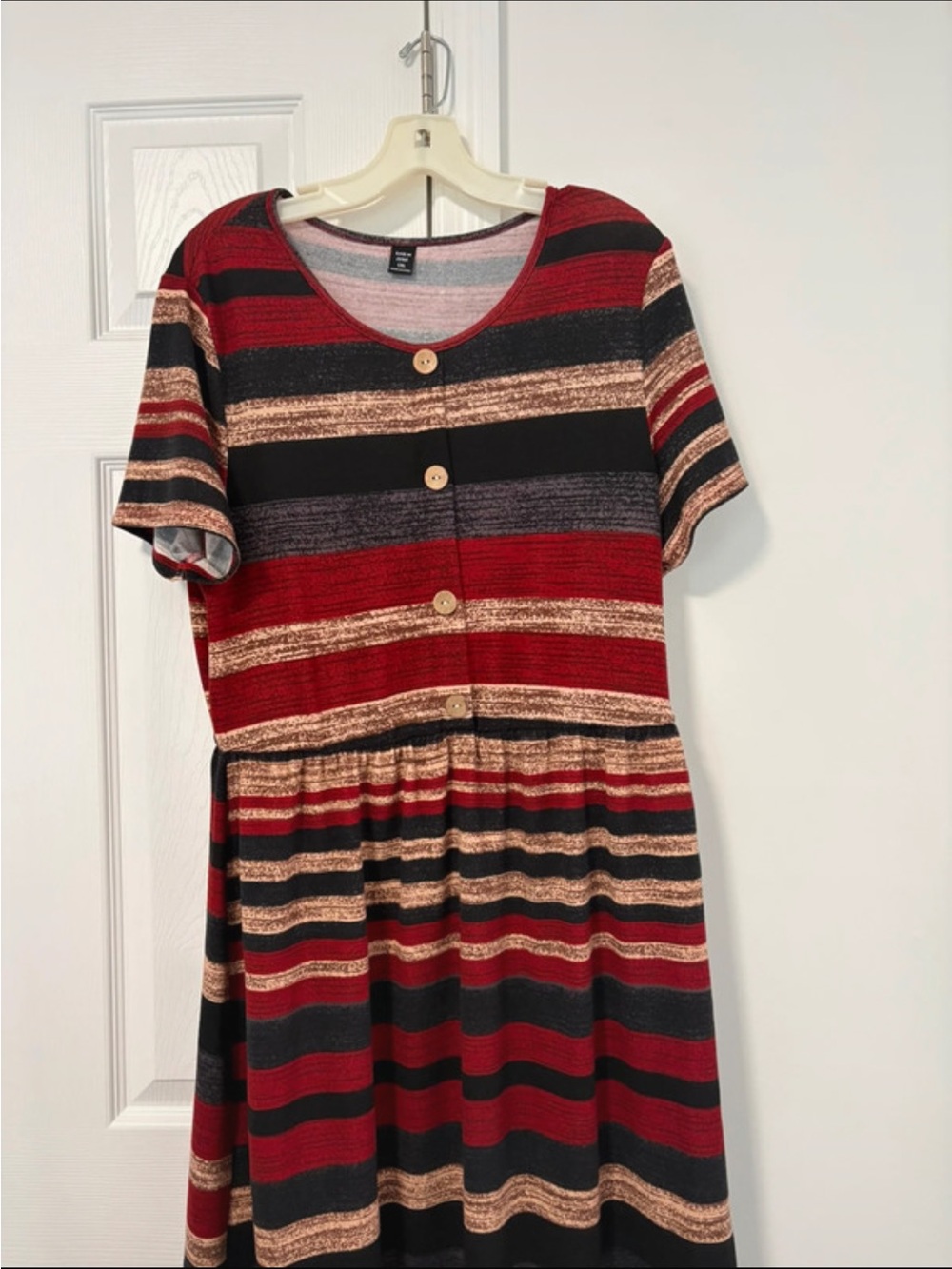 SHEIN Red, Black and Tan Striped Button-Front Midi Dress